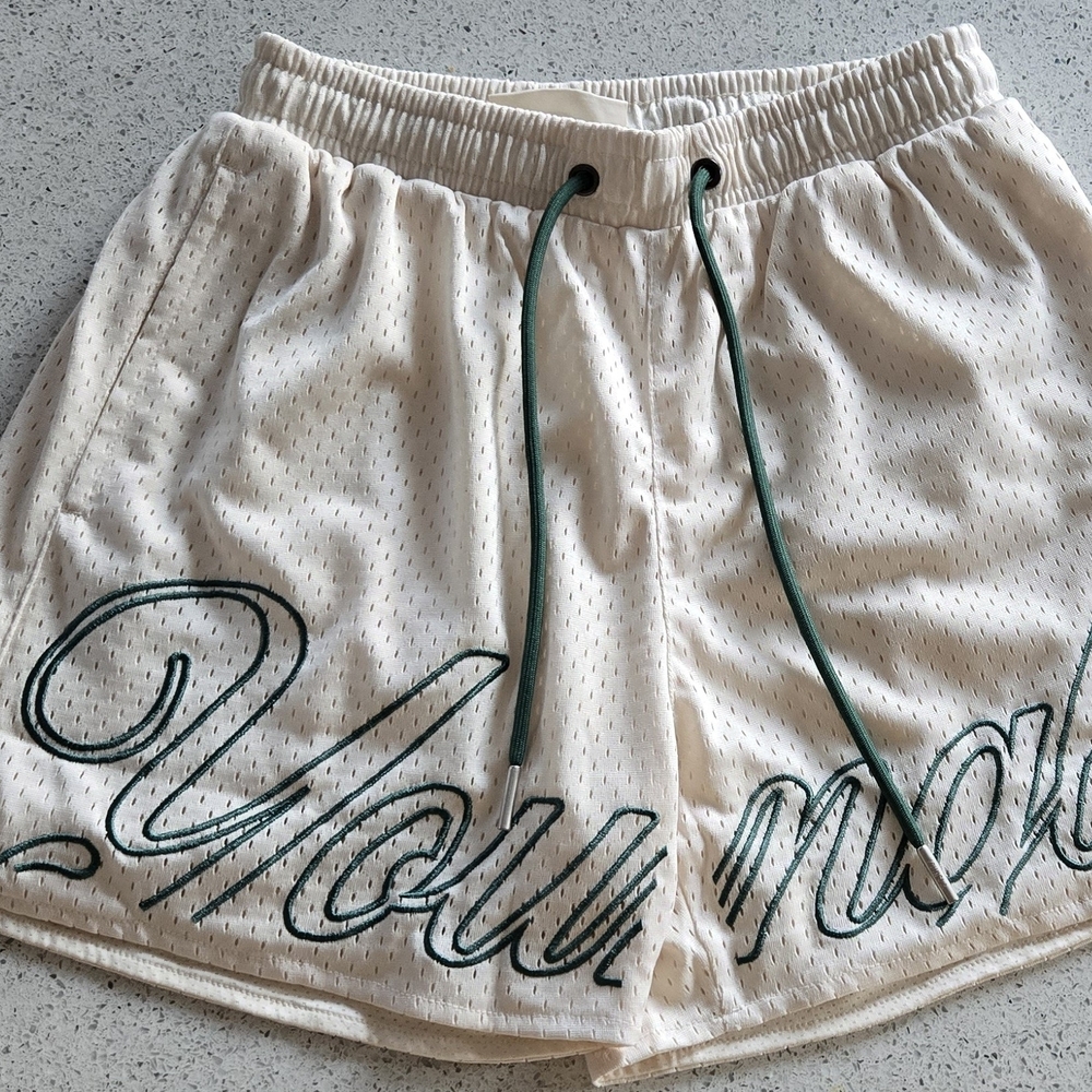 YoungLA Cream Mesh Shorts with Green Accents